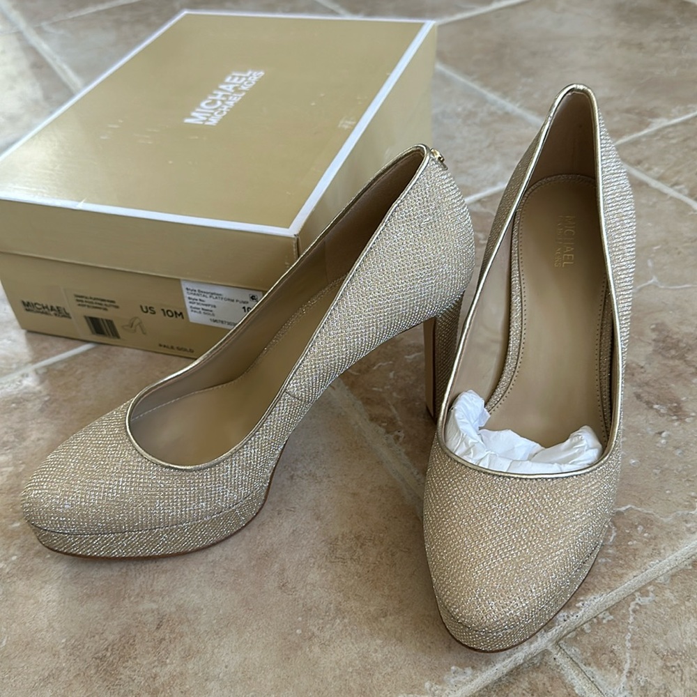 Michael Kors Women's Chantal Platform Pale Gold Pixie Fine Glitter Pump US 10 M